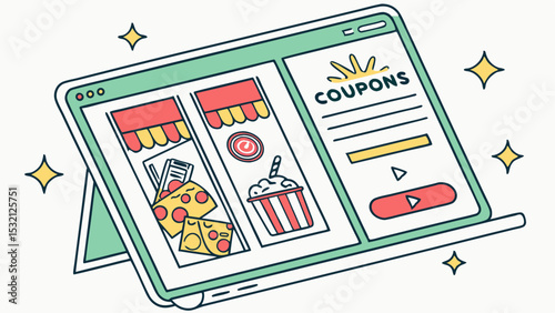 Digital tablet displaying coupons for local shops and food items with sparkling star accents around it
