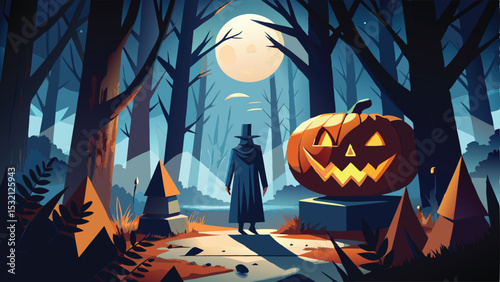 Spooky Halloween night with pumpkins, bats, and a cartoon moon, perfect for an autumn holiday celebration