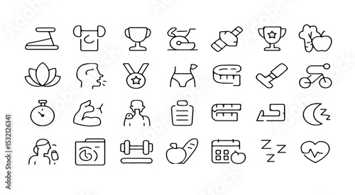 A collection of various fitness and health related line art icons arranged in a grid pattern on white