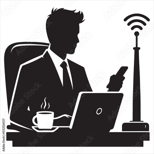 Silhouette of person remote working  ,  vector black color  , solide white colour background 