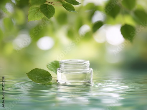 Moisturizer in clear jar submerged in birch sap pool with green leaves around soft daylight , Selective Focus
