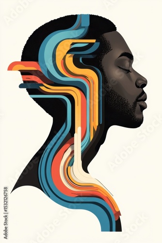 Profile of a Person with Closed Eyes and Colorful Flowing Lines Coming from the Head. Thinking Process Concept Visualization.