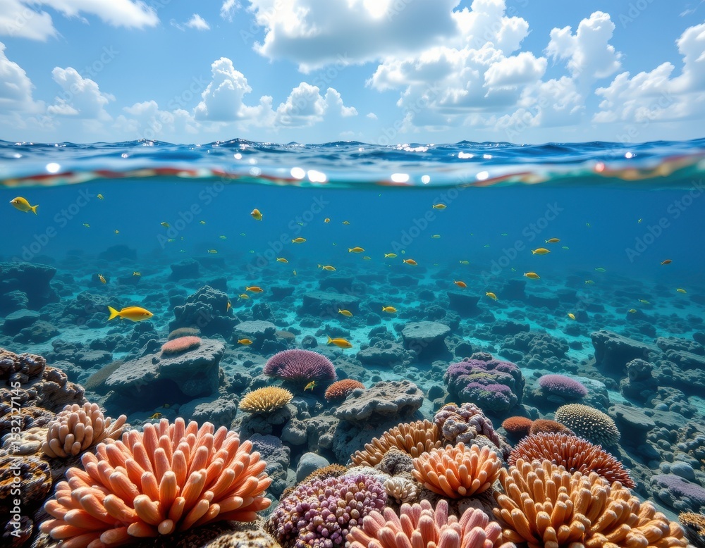 Fototapeta premium coral reefs near coastal cities damaged by air pollution contributing to ocean acidification and warming, threatening marine biodiversity.