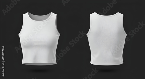 Blank white cropped tank top, front and back views, on a dark background. Mockup of women's athletic wear for design and branding purposes. Mock-up for apparel and advertising.