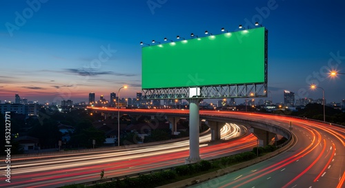 a billboard with  greenscreen background in highway and flyover at evening, generated by Ai