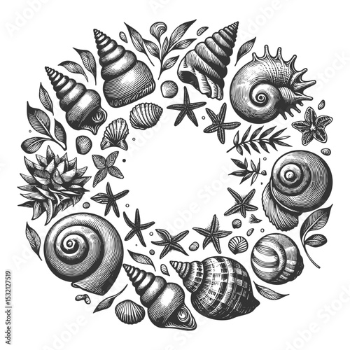 seashells and a starfish in a circular composition, ideal for coastal and nautical designs sketch engraving generative ai vector illustration. Scratch board imitation. Black and white image.