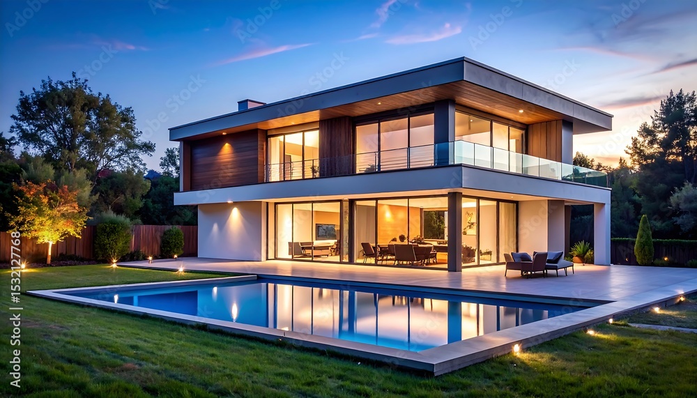 Fototapeta premium Modern house by a pool at twilight (1)