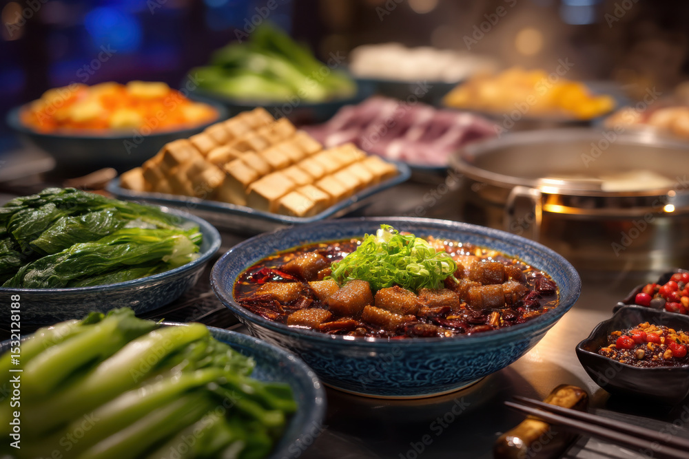 Fototapeta premium Spicy hot pot with braised meat and fresh vegetables served in blue bowls on table, creating warm and inviting meal scene