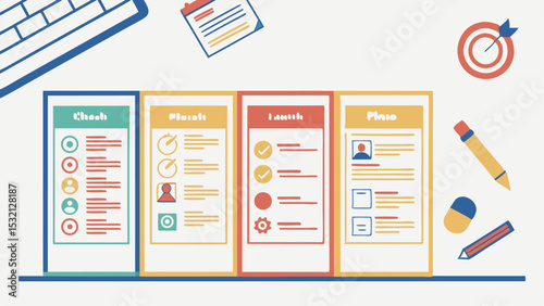 Illustration of a desk with keyboard, calendar, target, pencils, and four task management boards