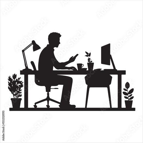 Silhouette of person remote working  ,  vector black color  , solide white colour background 