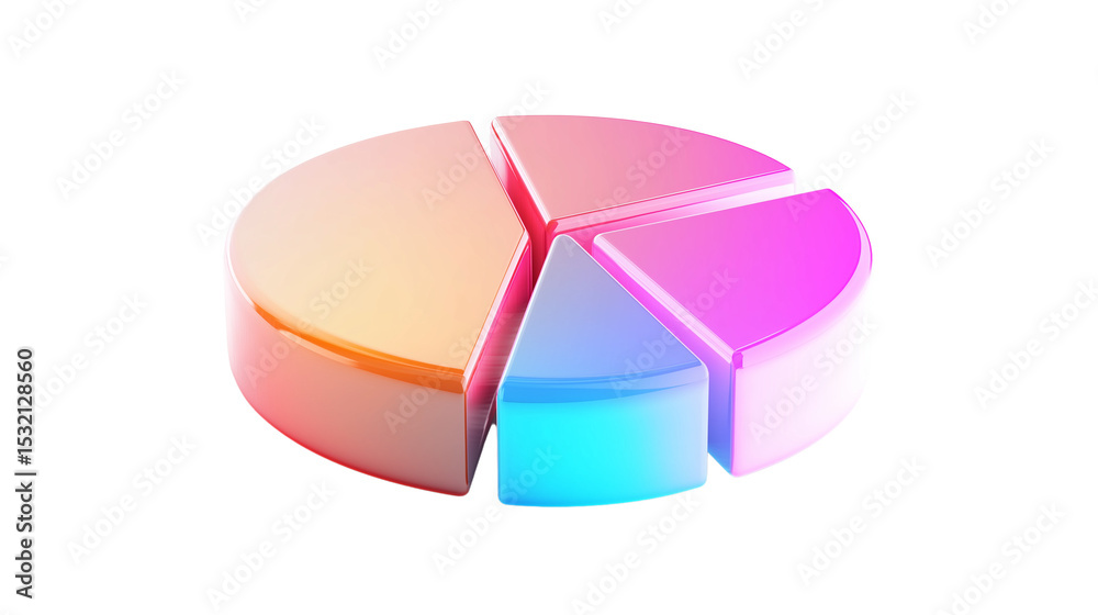 Obraz premium 3D pie chart icon in colorful layers with glowing segment, data analytics concept, white background, PNG