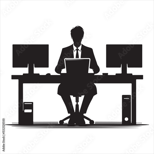 Silhouette of person remote working  ,  vector black color  , solide white colour background 