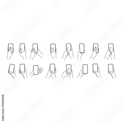 Hand gestures interacting with smartphones showcasing different actions and activities in vector style