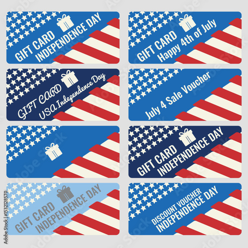 A collection of patriotic gift cards and vouchers for 4th of July. Includes various label designs with stars, stripes, and promotional messages. Ideal for holiday sales.