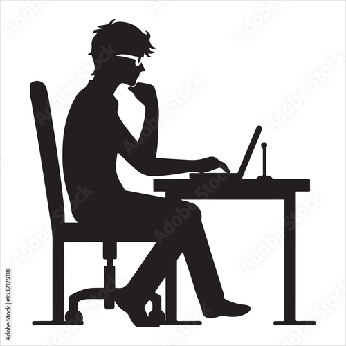 Silhouette of person remote working  ,  vector black color  , solide white colour background 