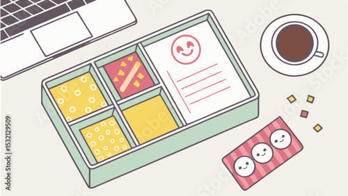 Aesthetic workspace featuring a laptop, bento box, coffee cup, and cute stationery on a white surface