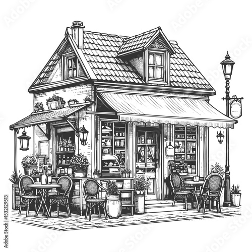 charming outdoor street cafe with tables, chairs, awning, and storefront window display sketch engraving generative ai vector illustration. Scratch board imitation. Black and white image.