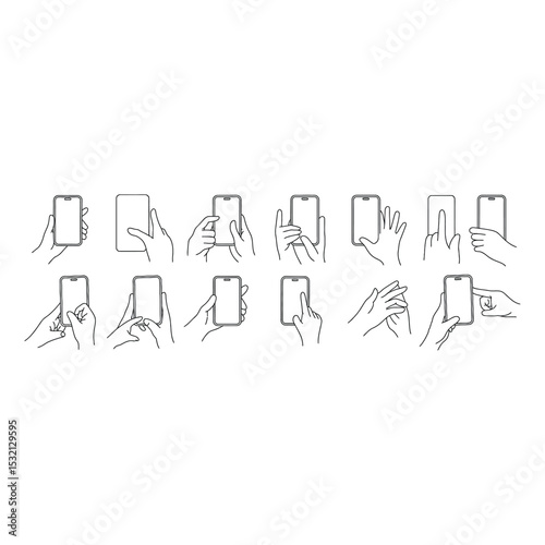Outline illustrations of hands using smartphones showcasing touch and interaction gestures
