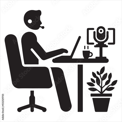 Silhouette of person remote working  ,  vector black color  , solide white colour background 