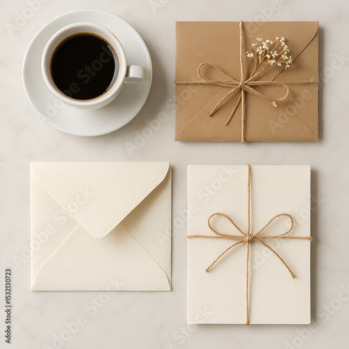 白いカップのコーヒーとナチュラルな封筒の静物写真｜麻ひもと小花で飾られた茶色とクリーム色のレターセットとカード｜大理石背景の上品なフラットレイ構成