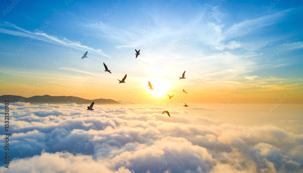 Fototapeta premium A breathtaking sunrise with birds soaring over a sea of clouds, creating a serene and uplifting atmosphere in the sky