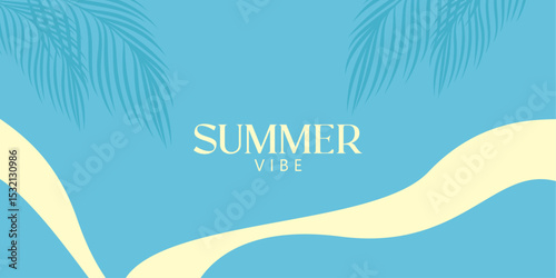 Minimalist summer background with palm leaves and waves. Tropical summer leaf shadows. Summer sale banner. Vector illustration