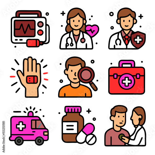 Health medical A collection of nine medical icons doctor, bandage, ambulance, suitable for healthcare presentations, websites, and educational materials.