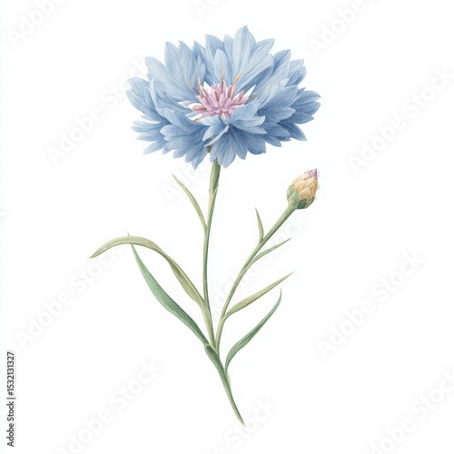 Soft blue flower with delicate petals and budding bloom in a minimalist style