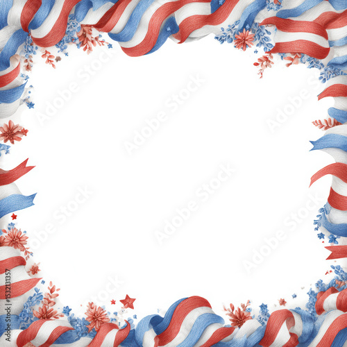 Colorful decorative border of red, white, and blue ribbons with floral elements for celebrations and festive occasions