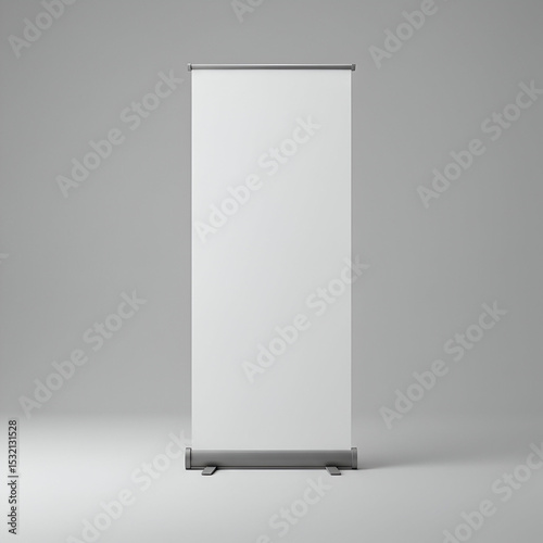 A modern  blank retractable banner stand in a neutral gray studio setting. Perfect for showcasing marketing materials  and ideal for advertising or editorial use.
