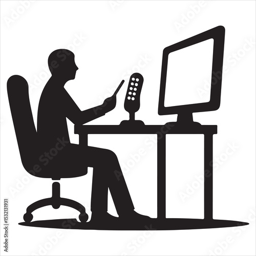 Silhouette of person remote working  ,  vector black color  , solide white colour background 
