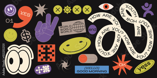 Retro trend Y2K vector illustration, creative geometric shape graphics