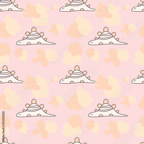 Hand-drawn lazy dinosaur on a light pink background. Seamless pattern is animal for clothing, fabric, wallpaper, backdrop, home decoration, cover book, and wall art.