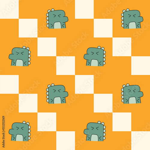 Hand-drawn cute dinosaur on an orange background. Seamless pattern is animal for clothing, fabric, wallpaper, backdrop, home decoration, cover book, and wall art.
