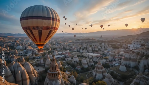 Hot air balloons flying over spectacular Cappadocia. Turkey