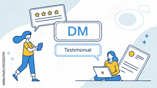 Two people interacting with digital marketing and testimonial elements in a stylized illustration style