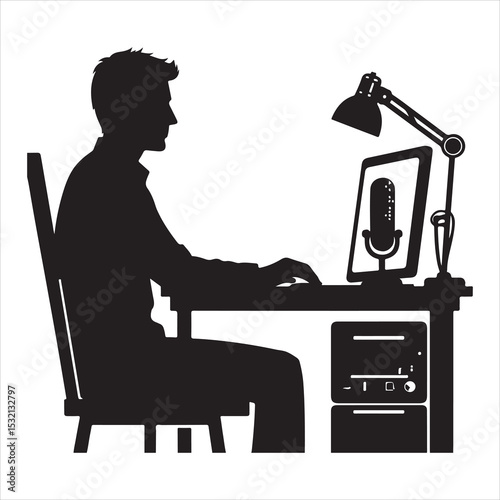 Silhouette of person remote working  ,  vector black color  , solide white colour background 