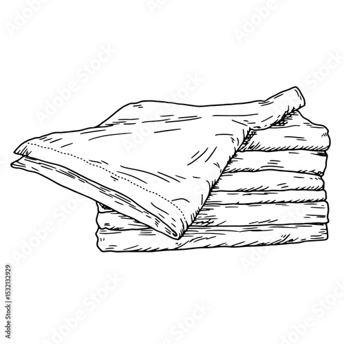 A stack of bath towels and a napkin for cleaning the house and office, a sketch in black and white ink. Vector illustration. Kitchen towels, insulated on a white background