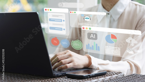 Businesswoman use artificial intelligence AI technology for boost work efficiency analyze data and efficient tools, Unlocking work potential with AI solutions chatbot help solve work problems.