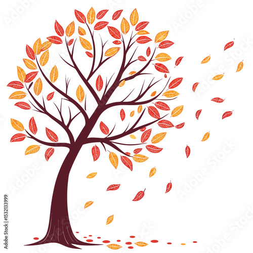 Tree with Falling Leaves – Autumn Season Vector Illustration
