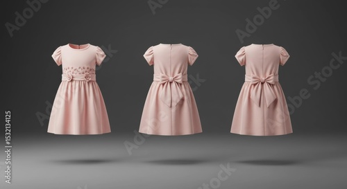 Pink children's dress with floral embroidery and bow, displayed in a studio setting. Three-quarter view of the dress, showing front, back and side views.
