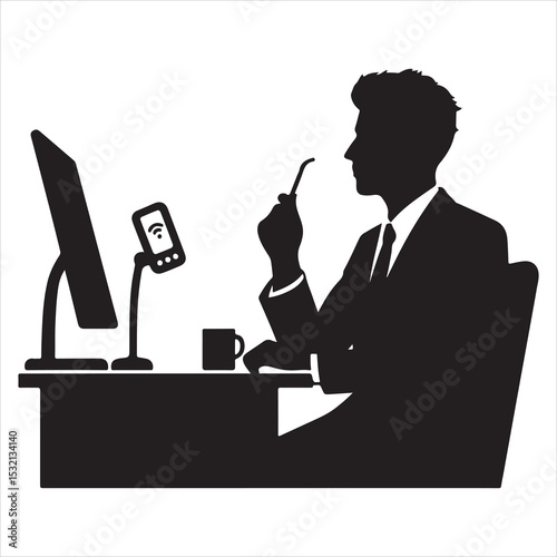 Silhouette of person remote working  ,  vector black color  , solide white colour background 