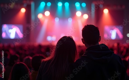 Couple is watching concert at open air music festival. High quality
