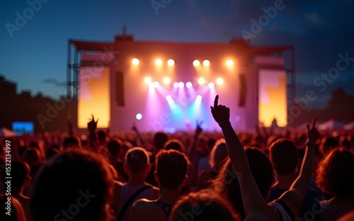 People enjoying music festival concert at night. Large crowd raise arms. Stage lights shine bright. Summer vibes. Festival atmosphere. Music fans happy. Nighttime event. Outdoor concert. Crowd