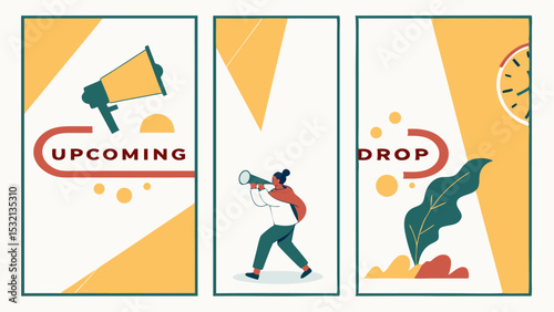 Illustration of three vertical banners featuring upcoming announcement, person with megaphone, and drop theme