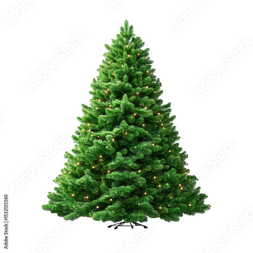 Beautifully decorated green Christmas tree with warm lights isolated on a transparent background