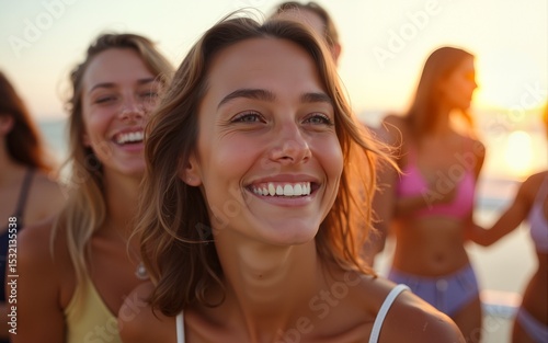 Young women celebrating at beach chiringuito, focus on brunette woman with toothy smile. High quality