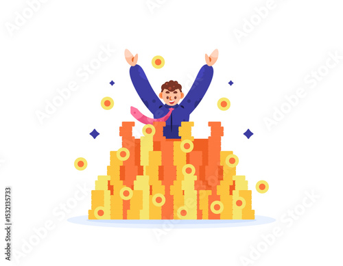illustration of a happy businessman because he has a lot of money. man is on a pile of coins. get a lot of money. concept of being rich or wealthy. rich and successful people. flat style character 