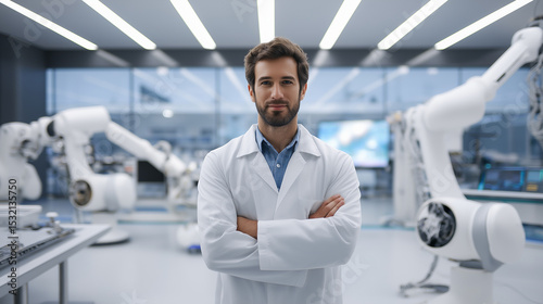Portrait of confident male scientist in lab coat standing in bright modern laboratory.
 photo
