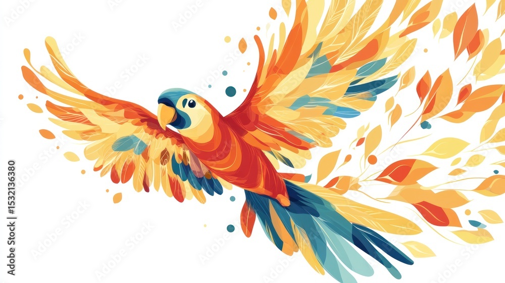 Fototapeta premium Vibrant parrot in flight, adorned with swirling, colorful leaves and feathers